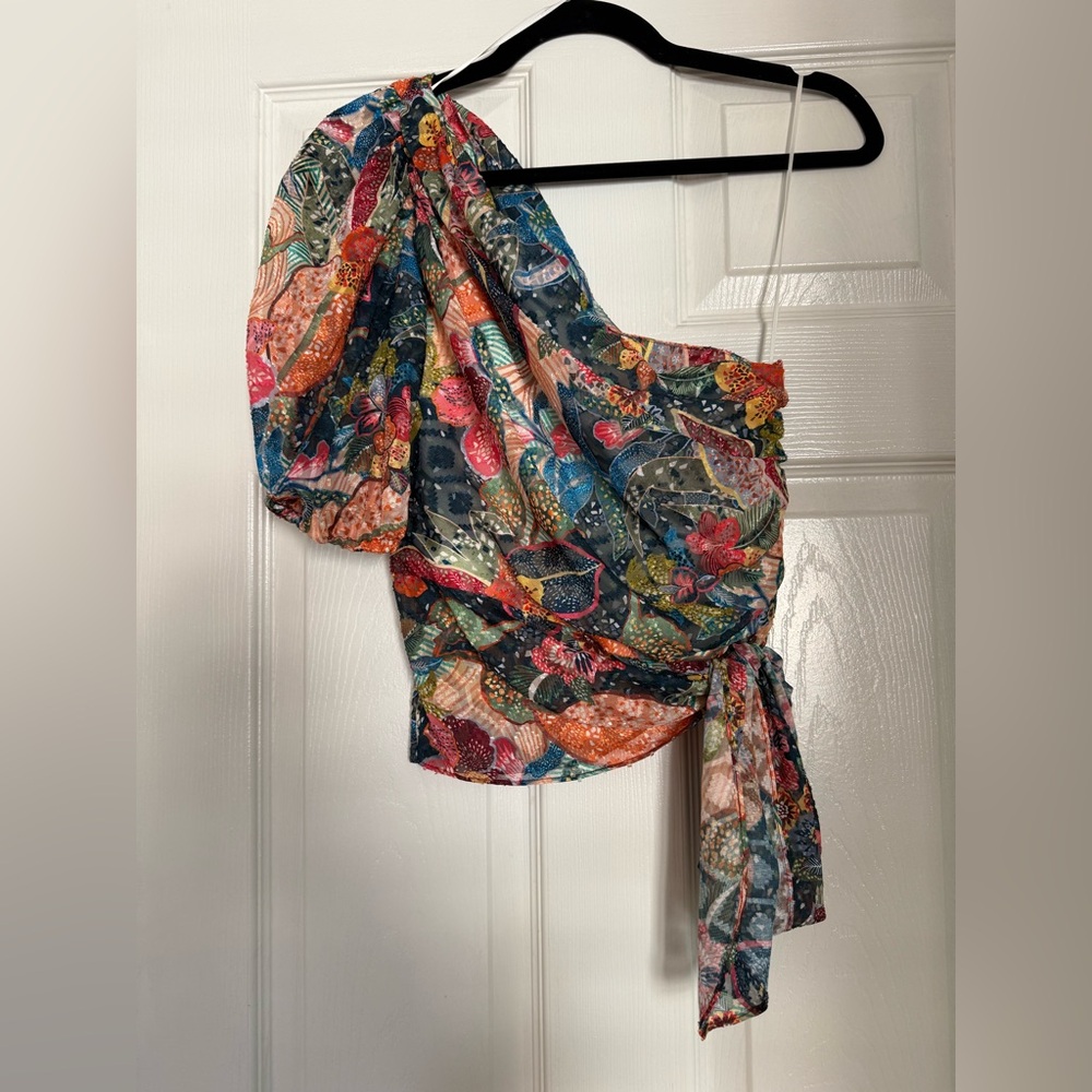 Amanda Uprichard One-Shoulder Floral Puff-Sleeve Top in Multicolor